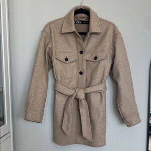 Zara Tan Pea Coat Tie Waist Size XS